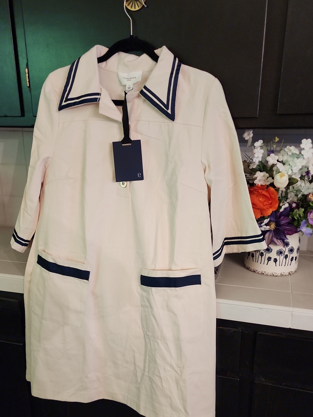 Pomander Place Cream  Dress with Navy Trim